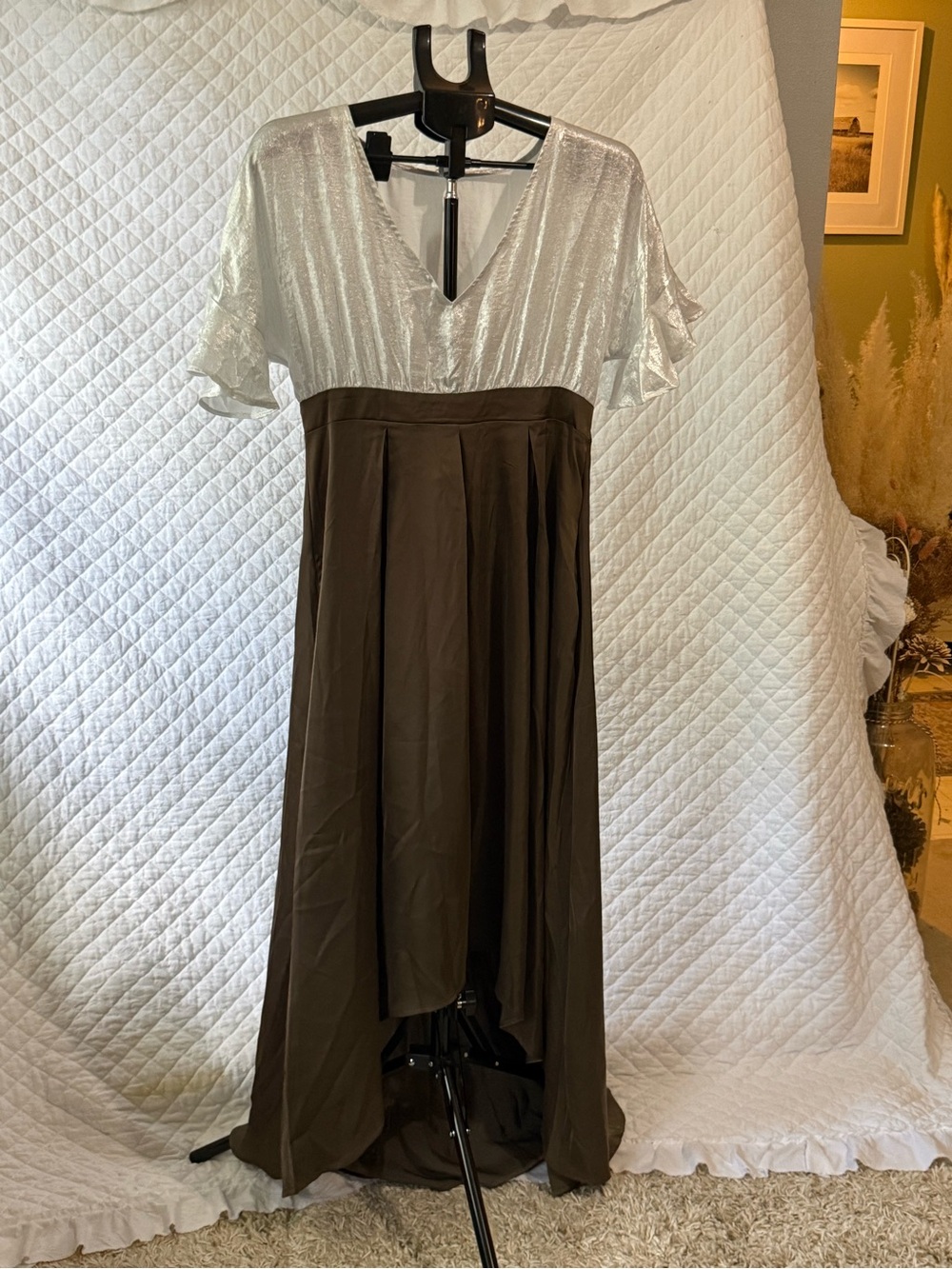 Shimmery Silver Bodice High-Low Dress with Brown Skirt